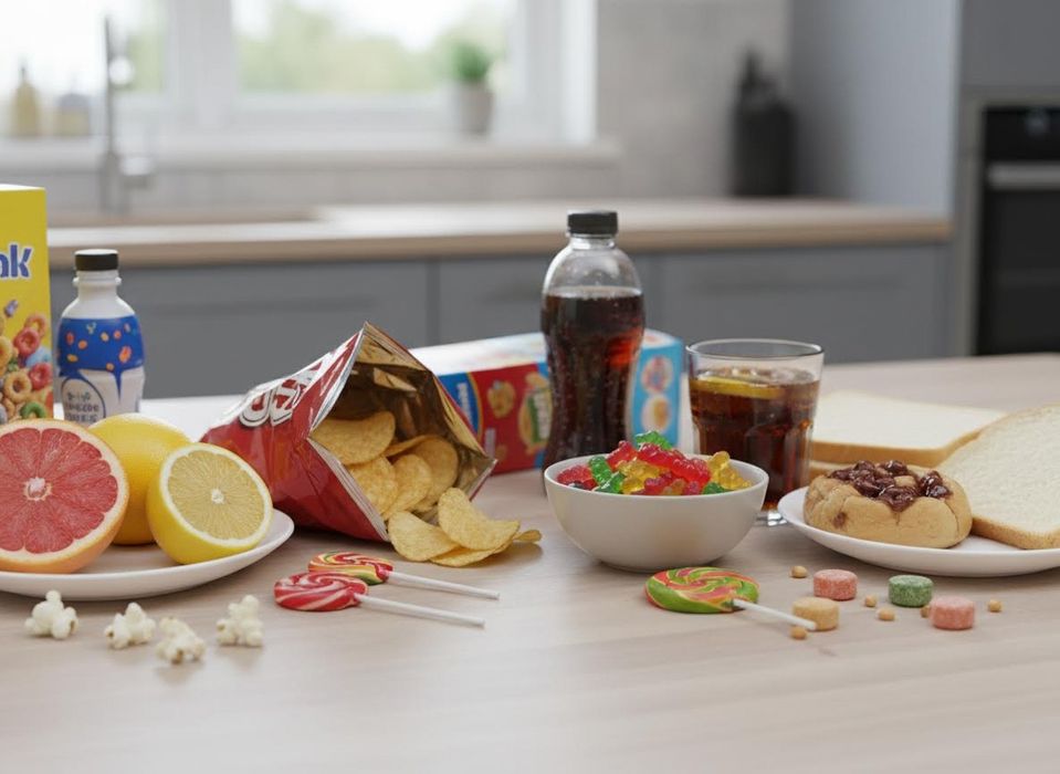 Assortment of Healthy and Unhealthy Foods on a Kitchen Counter