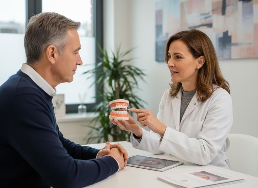 Dentist explains dental care to patient using a teeth model