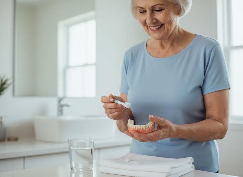 Senior Woman Denture Care Routine in Bathroom