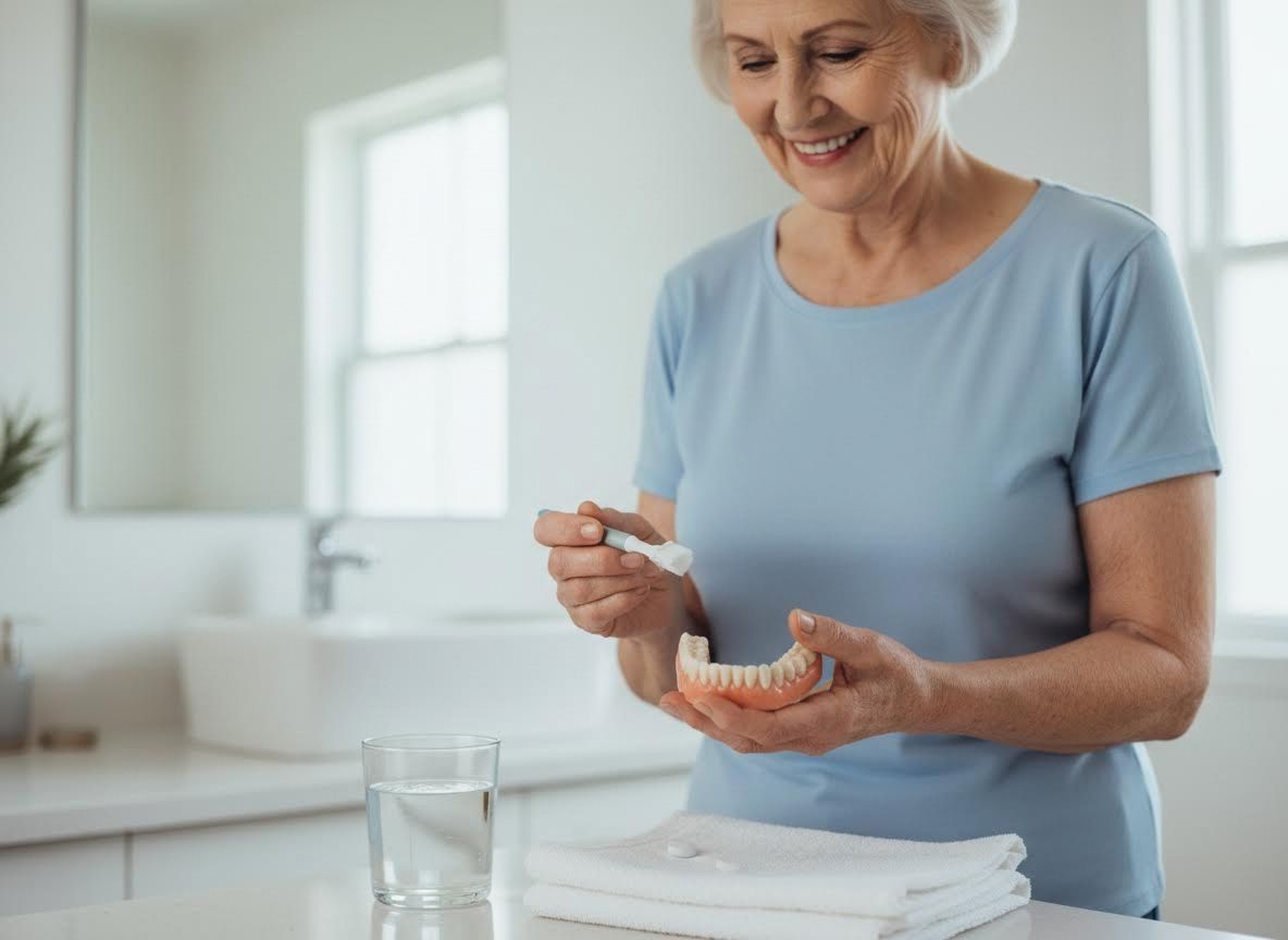 Senior Woman Denture Care Routine in Bathroom