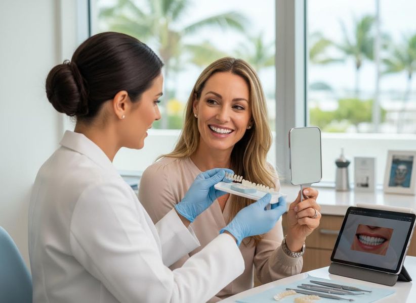 Cosmetic Dentistry Consultation: Dentist Shows Patient Teeth Shade Guide