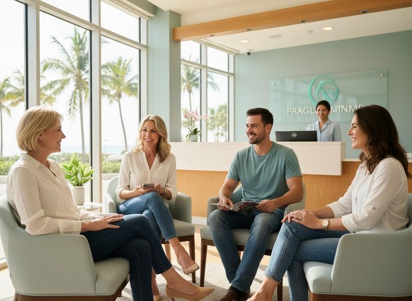 People waiting in a modern reception area with tropical views