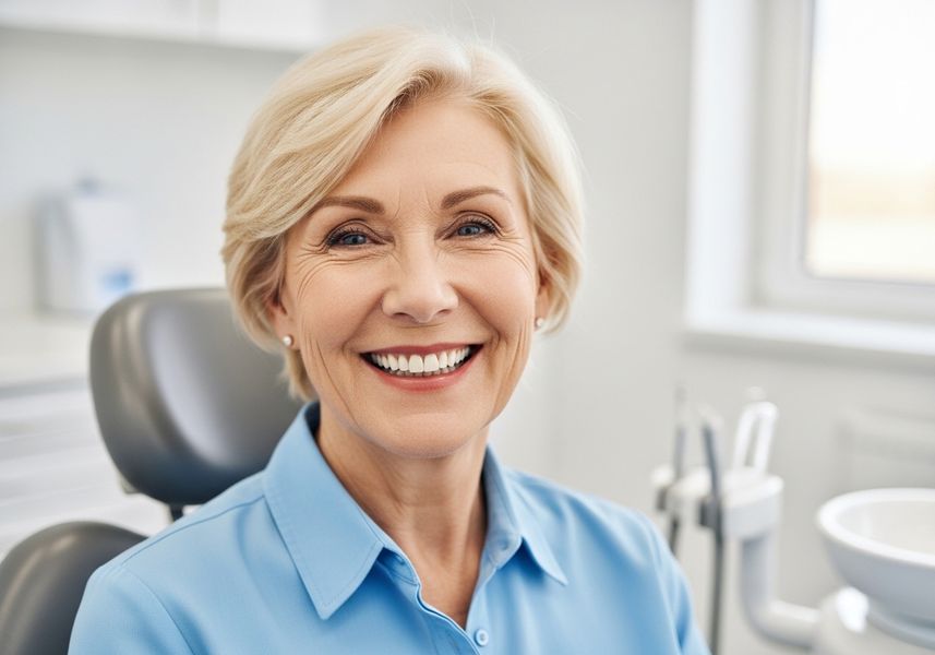 Smiling mature woman in dentist chair