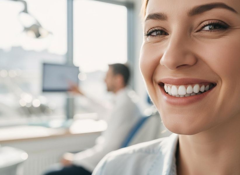Smiling woman with white teeth in a dental office