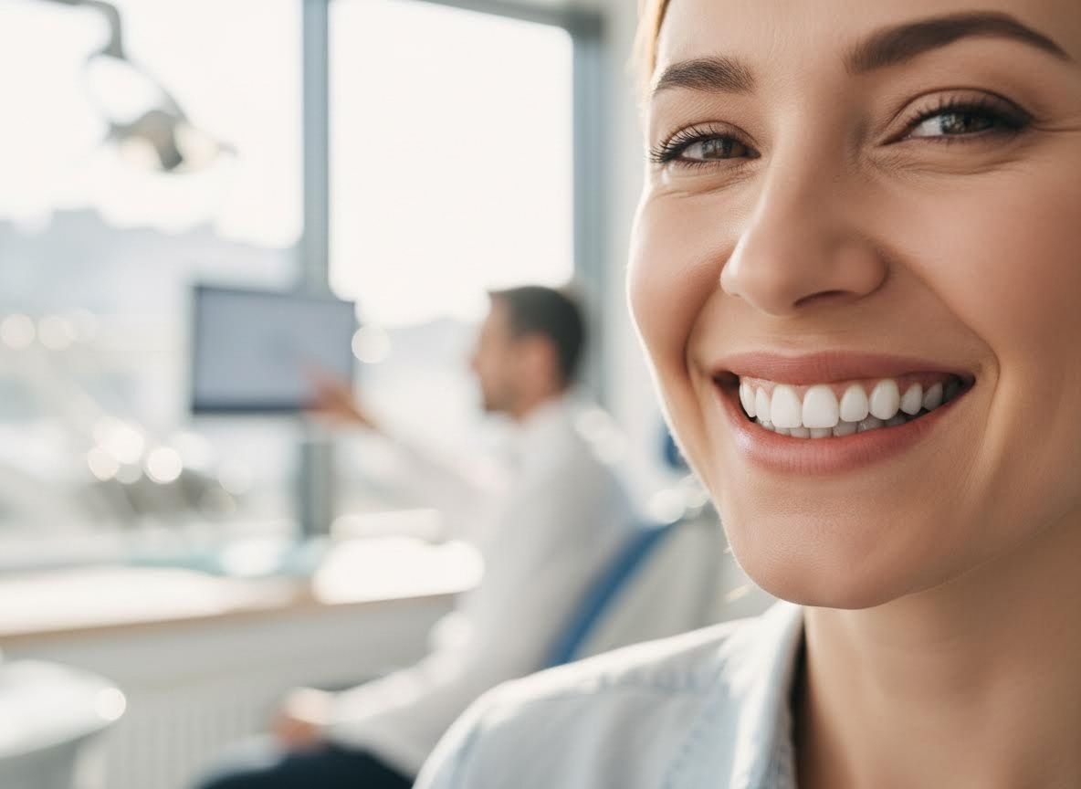 Smiling woman with white teeth in a dental office