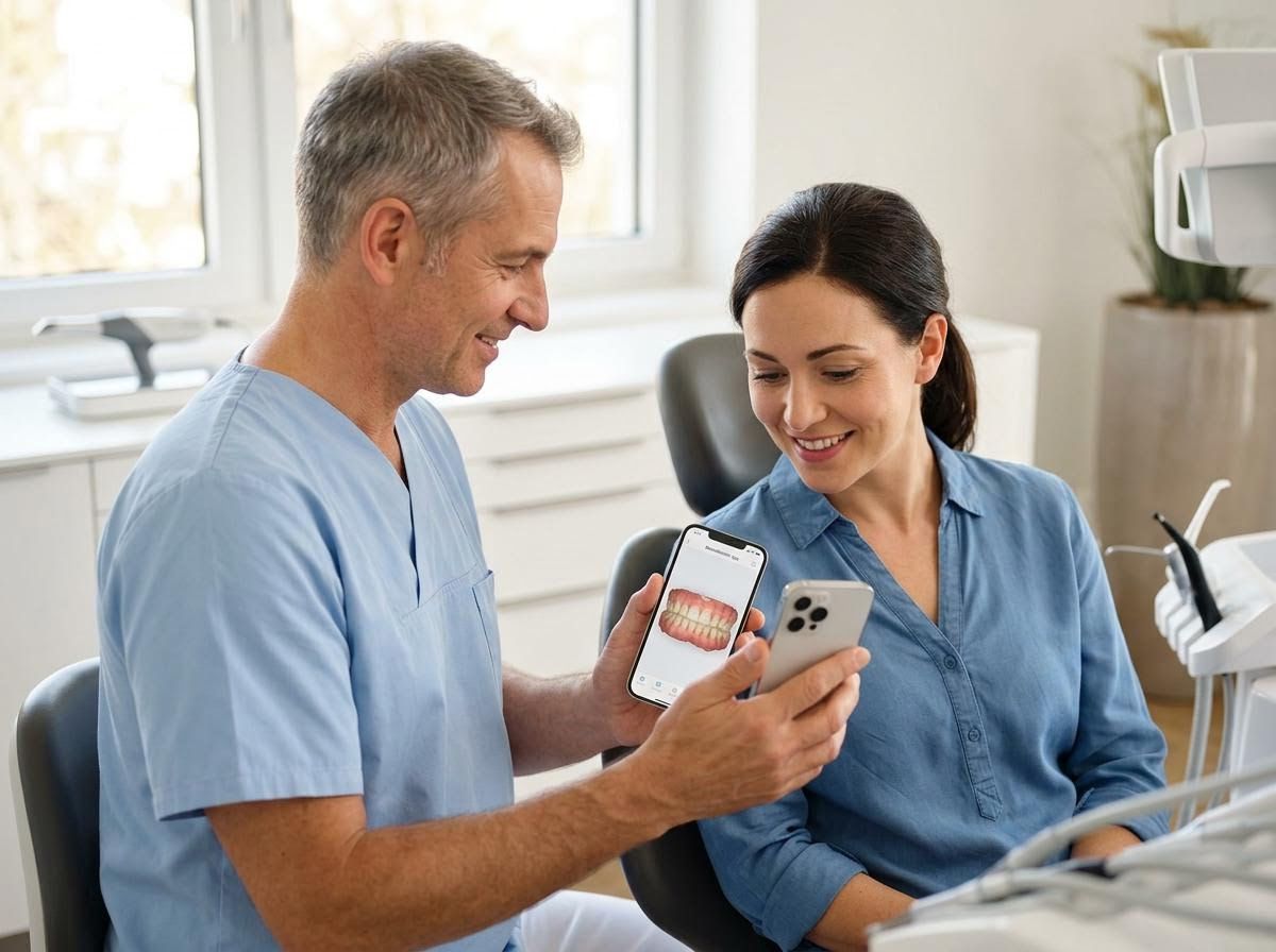 Dentist Showing Patient 3D Teeth Model on Smartphone