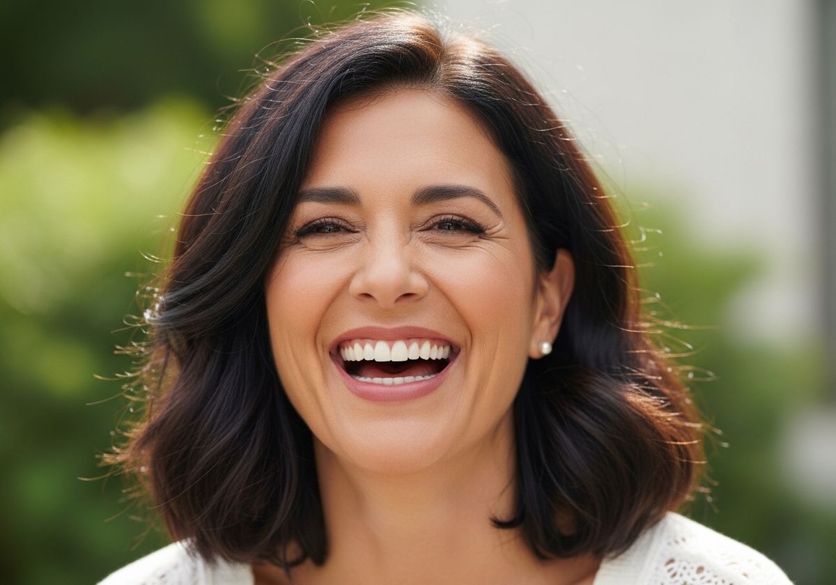 Smiling Woman with Dark Hair Outdoors