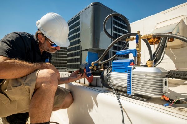 HVAC contractor conducting maintenance on AC unit