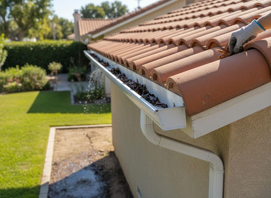 A gloved hand removes leaves and debris from a white gutter overflowing with water on a house with a red tile roof, indicating a clog. Cleaning Clogged House Gutter