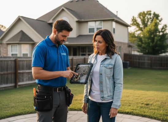 contractor showing a woman findings about her roof