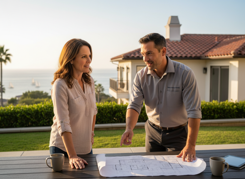 Design professional and client reviewing house plans