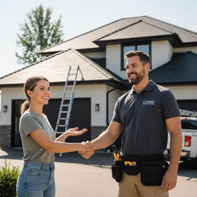 A roofing contractor shaking hands with a homeowner, showing trust