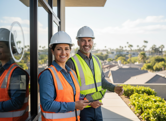 Smiling construction professionals in hard hats and safety vests