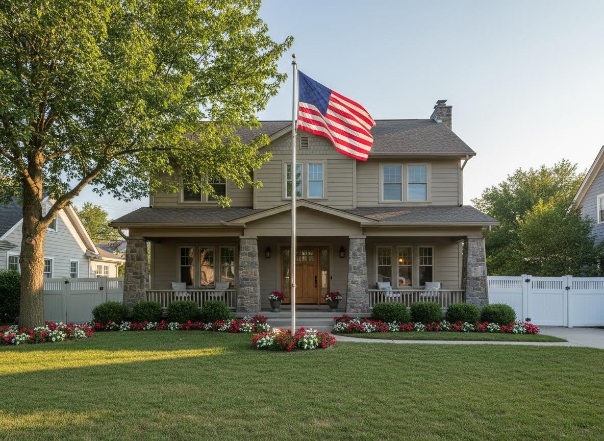 a home with an american flag in the yard
