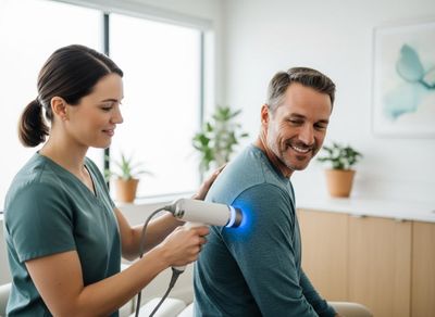 A smiling man receives blue light therapy on his shoulder from a healthcare professional in a bright, modern clinic. Healthcare Professional Administering Light Therapy to Patient's Shoulder