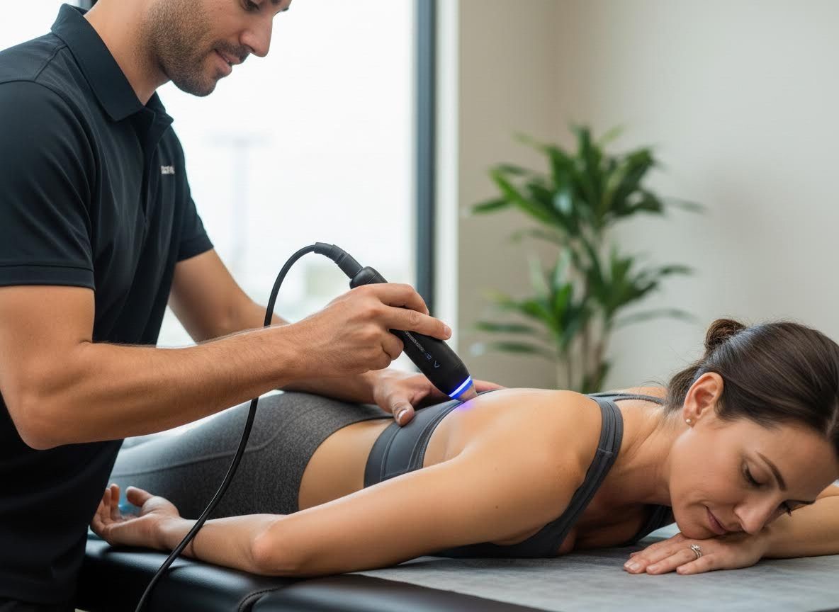 Man applying light therapy to woman's upper back