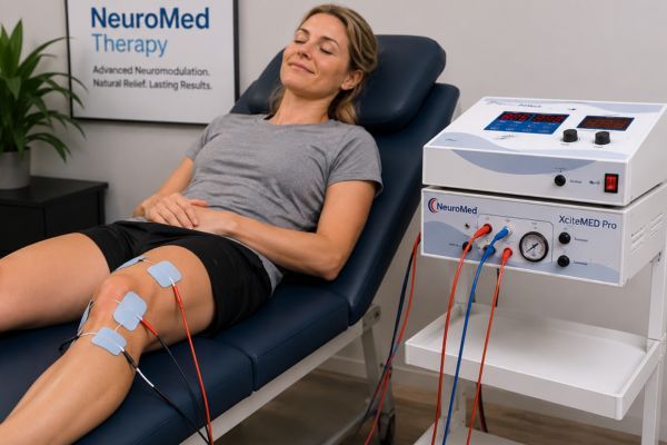 Image of a woman getting the NeuroMed treatment on her leg