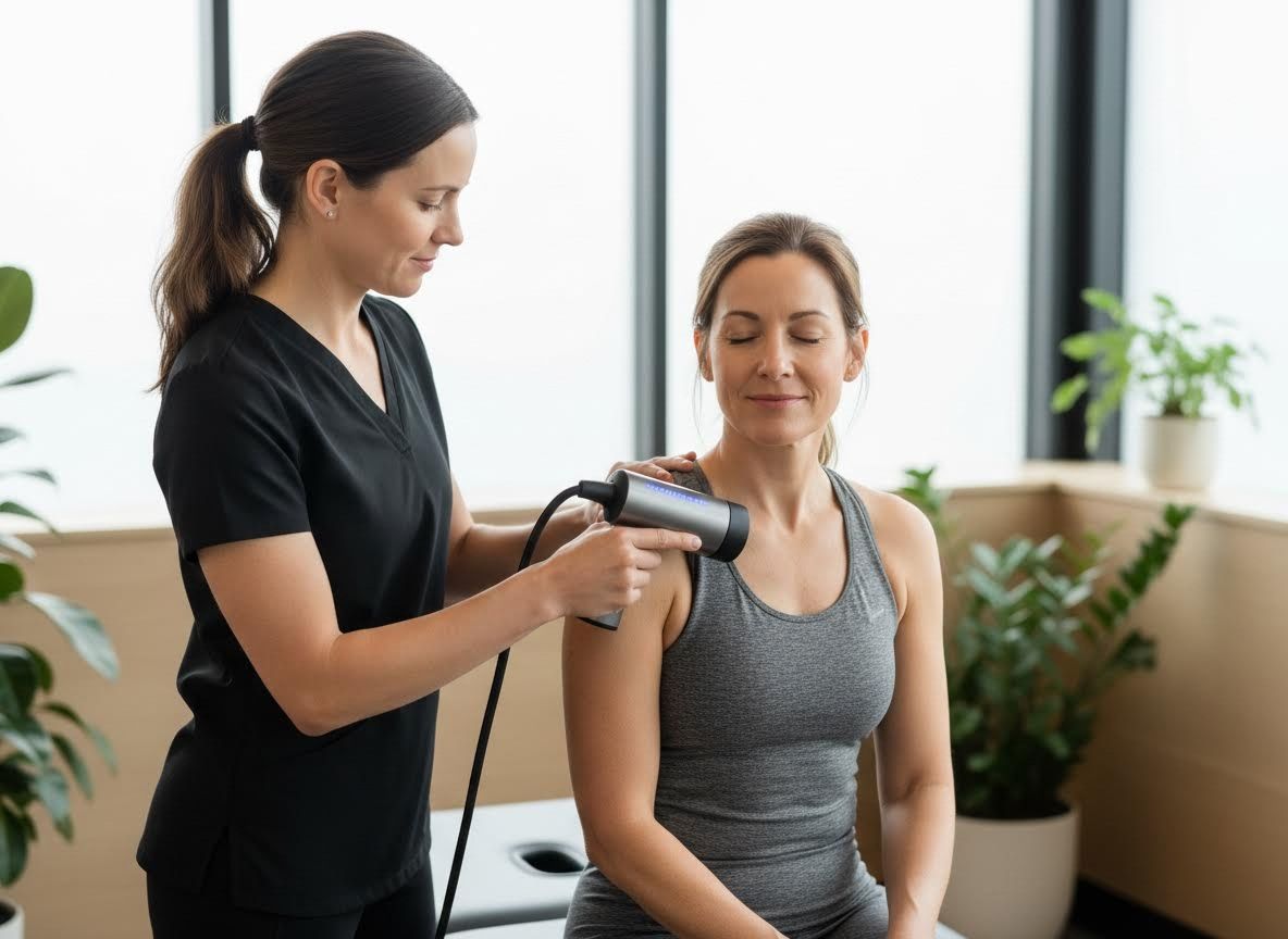 Healthcare Professional Treating Patient's Shoulder with a Therapeutic Device