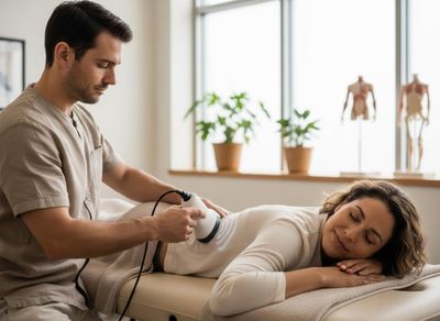 A male therapist uses a therapeutic device on a woman's lower back as she lies relaxed on a treatment table in a clinic. Therapist Administering Back Treatment to Patient
