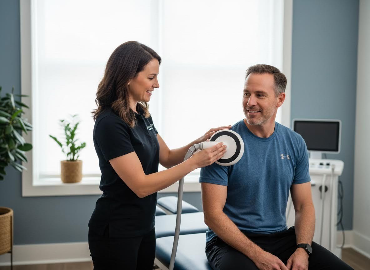 Therapist applying shoulder therapy device to a patient