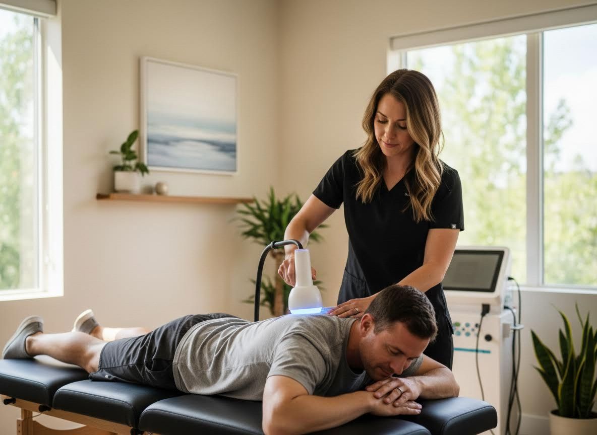 Woman applying light therapy to man's back