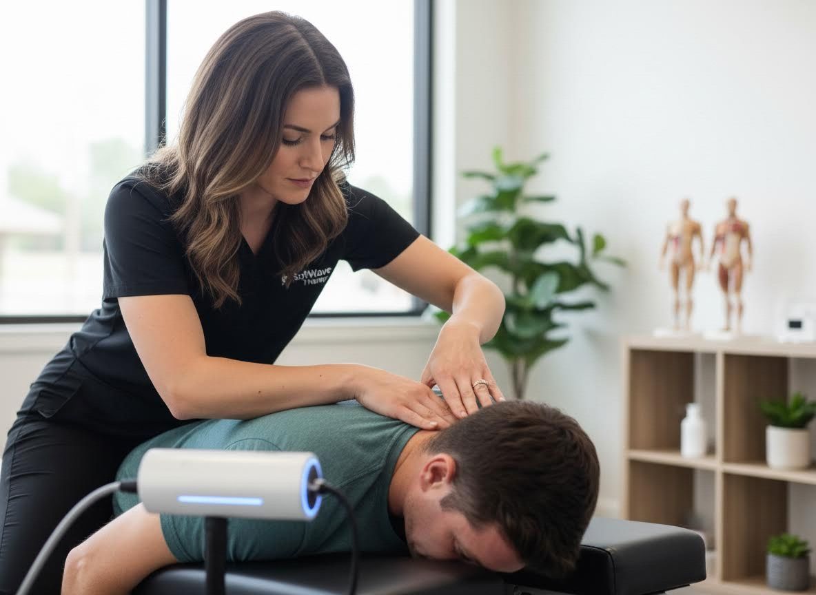 Female therapist treating male patient's neck with SoftWave Therapy