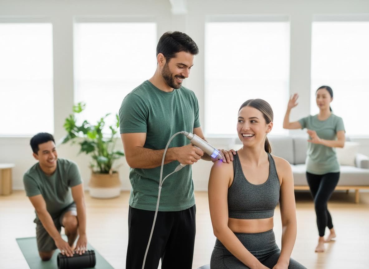 Man applies light therapy to woman's shoulder during a group wellness session