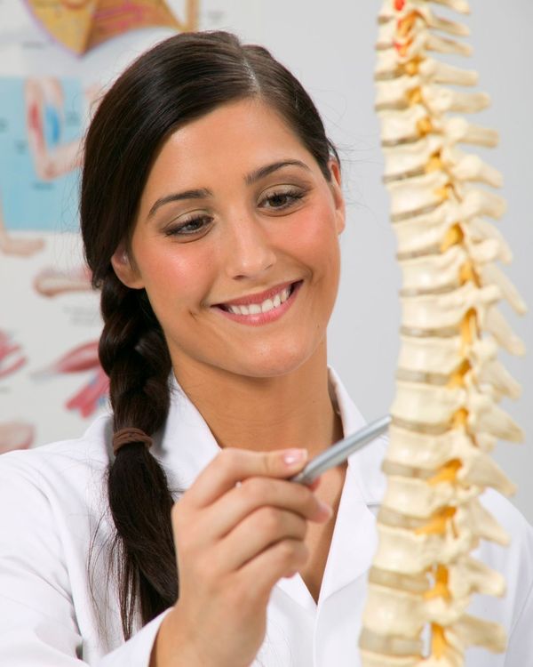 Chiropractor points to the different vertebrae in a spine
