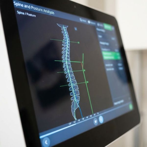 A digital screen displaying an advanced back and neck posture analysis scan for diagnostic purposes.