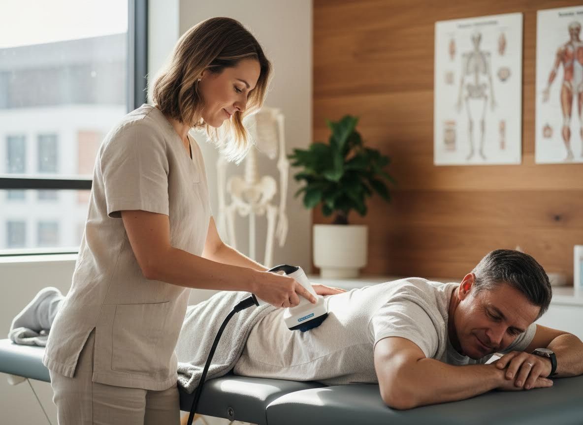 Therapist using medical device on man's lower back