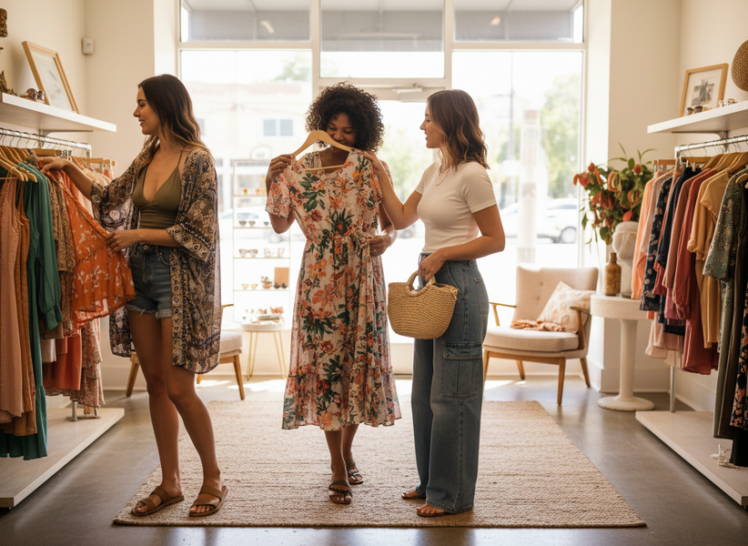 Three friends happily browse colorful clothing in a stylish, sunlit boutique. One holds up a floral dress as another smiles. Three Women Shopping in a Boutique