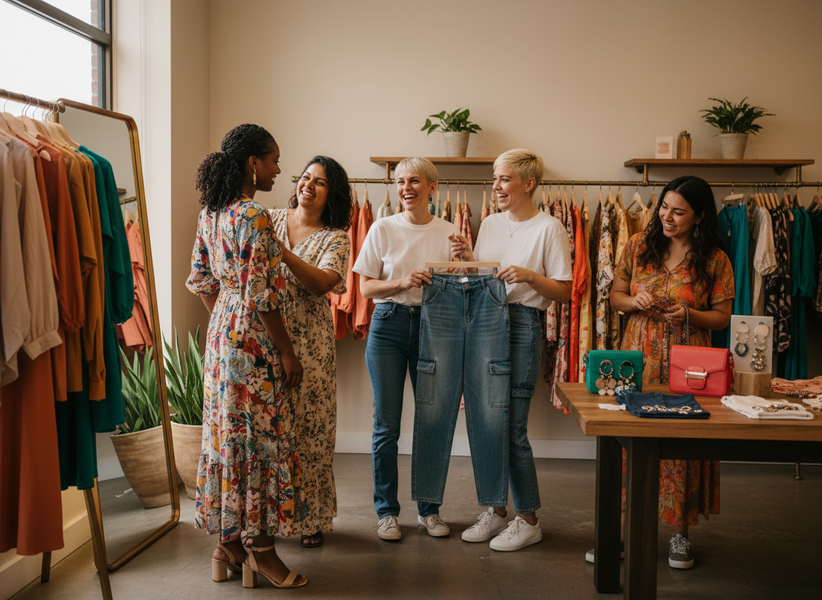 Five women laughing and interacting in a vibrant clothing boutique