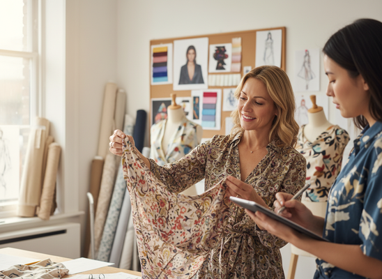 Two fashion designers, one holding a patterned fabric, the other taking notes on a tablet, collaborate in a bright design studio. Fashion Designers Examining Fabric in Studio