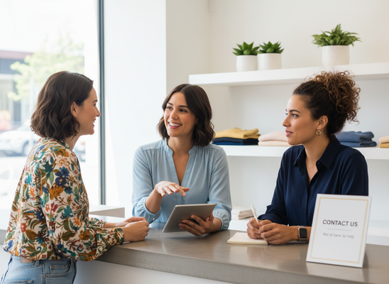 Three smiling women, one customer and two staff, talking at a modern counter with a tablet, notebook, and a "Contact Us" sign. Women interacting at a service counter with a tablet and notebook