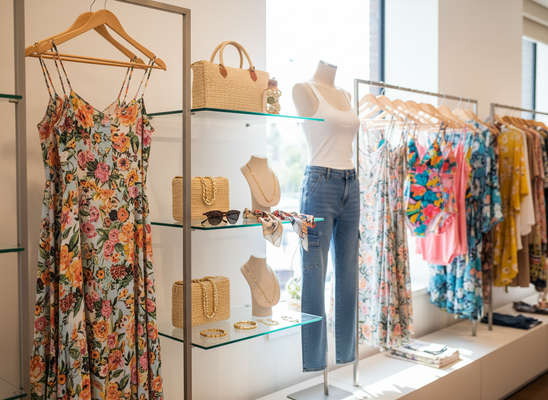 Bright clothing store interior with a floral dress, glass shelves displaying straw accessories and jewelry, a mannequin, and colorful clothes on racks. Women's Clothing Store Display