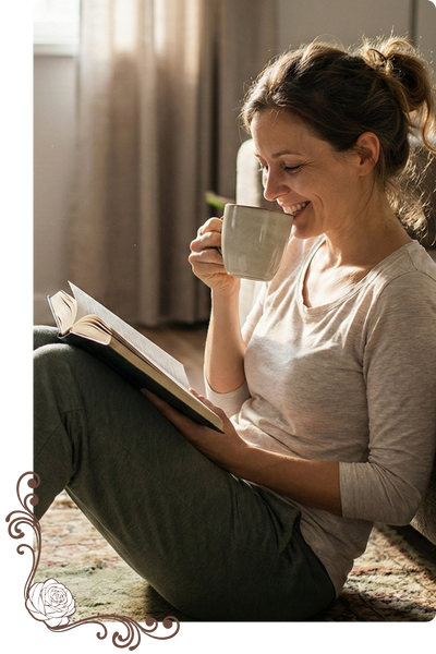 Woman Reading a book and drinking coffee