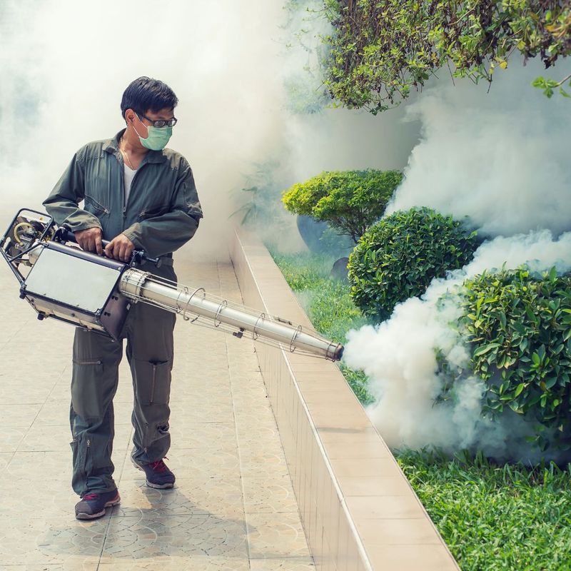 man using mosquito spray on bushes