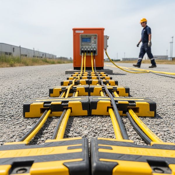 industrial power cables are running parallel and perfectly straight across the ground.
