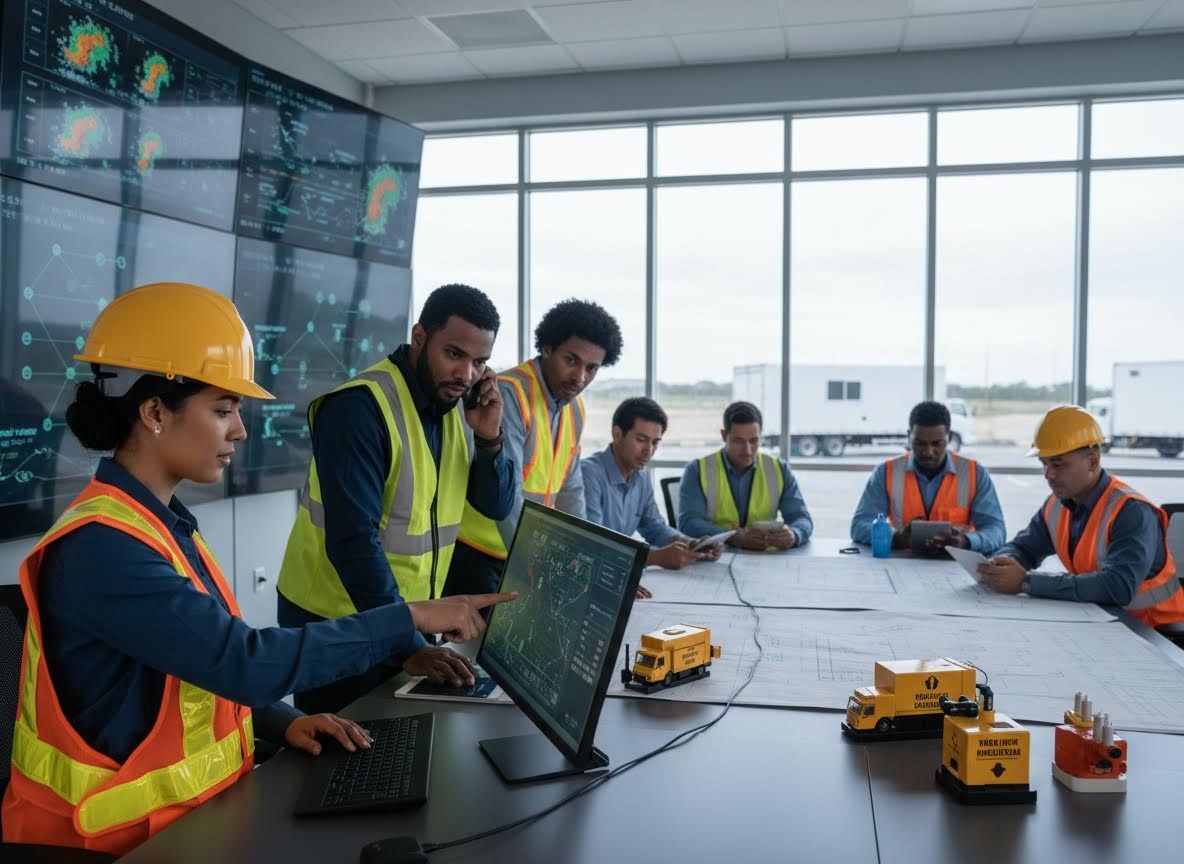 Diverse team in hard hats and safety vests collaborating in a control room
