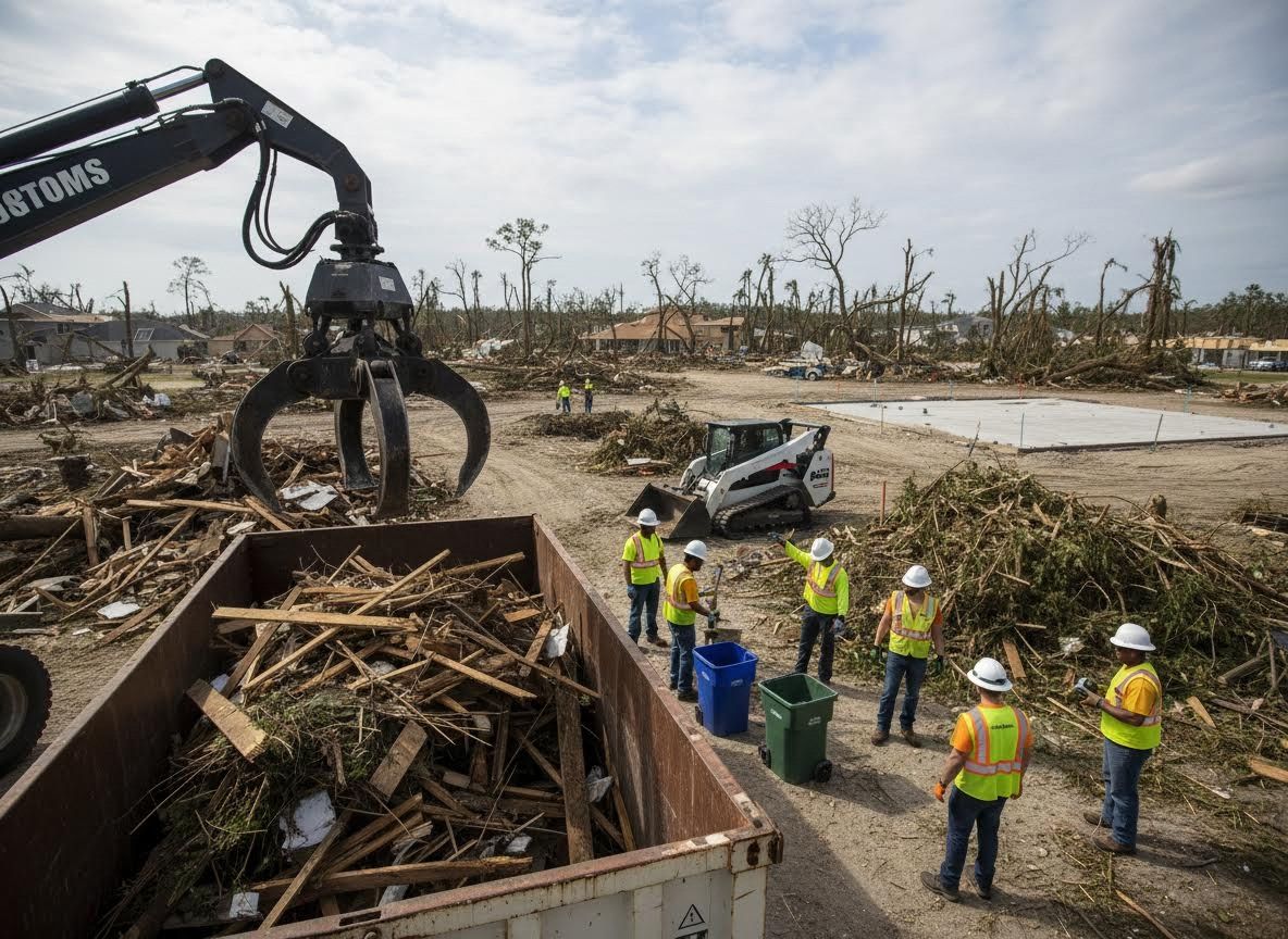 Disaster cleanup crew and heavy machinery removing debris