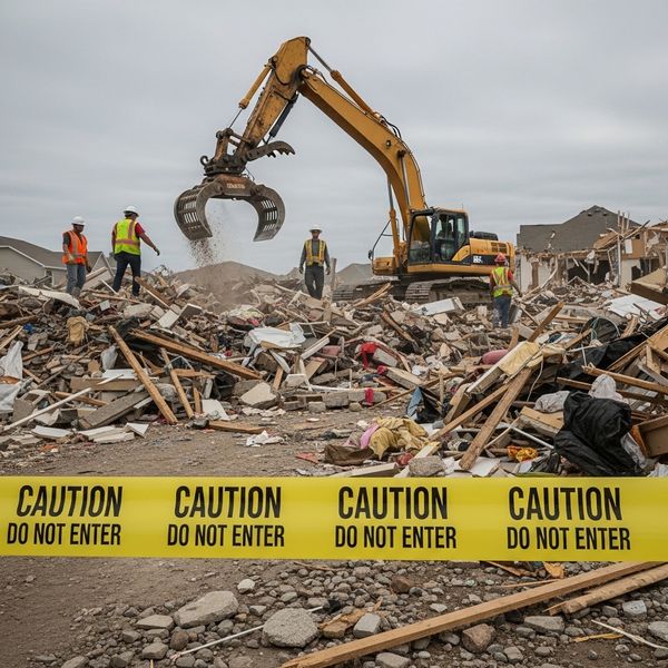 caution tape at a disaster debris removal project