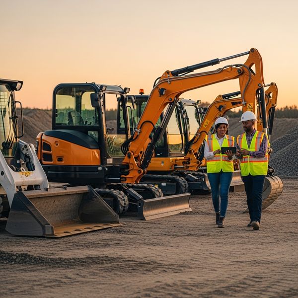 a skid steer and a compact excavator, parked neatly in a gravel holding yard