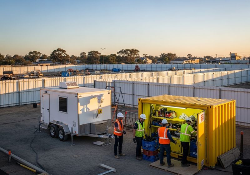 A clean, generic construction fence surrounds the perimeter.