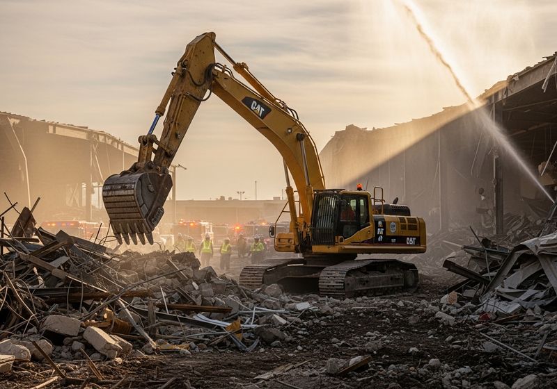 High-capacity industrial excavator clearing debris at a commercial disaster site.