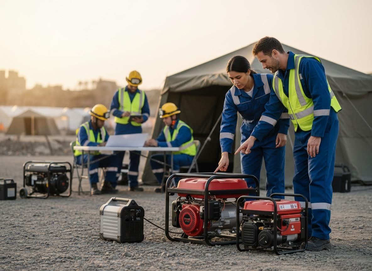 Engineers inspecting portable generators at a worksite