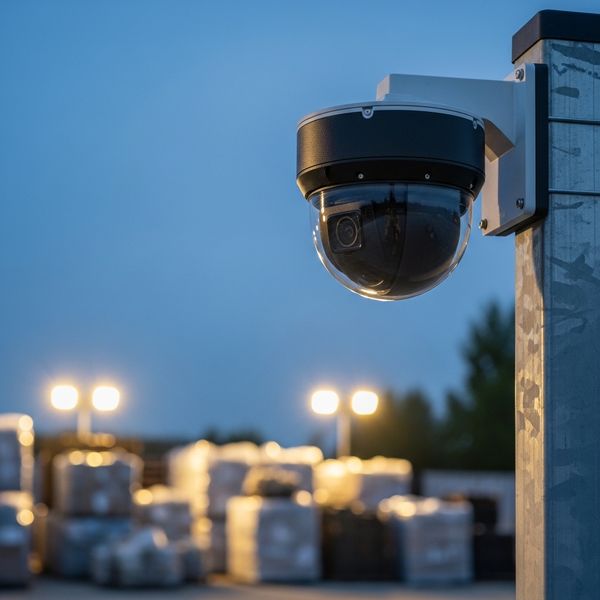 surveillance camera mounted high on a clean metal pole