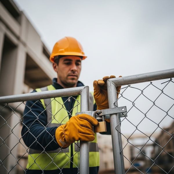 a worker is securing a padlock on a generic, temporary heavy-duty chain-link fence gate