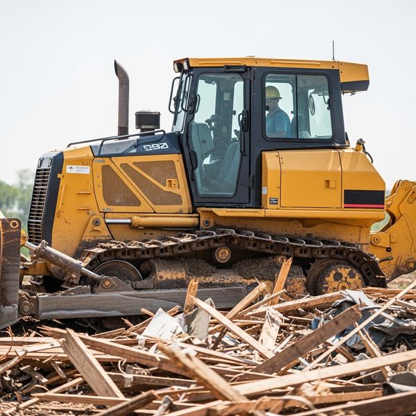 close-up profile of a yellow bulldozer