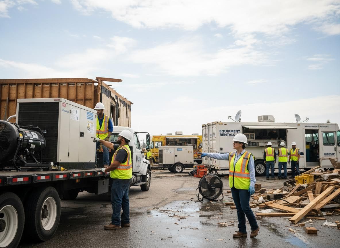 Workers directing operations with heavy equipment and debris