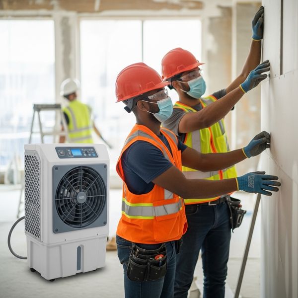A crew of two diverse workers, wearing hard hats, safety vests
